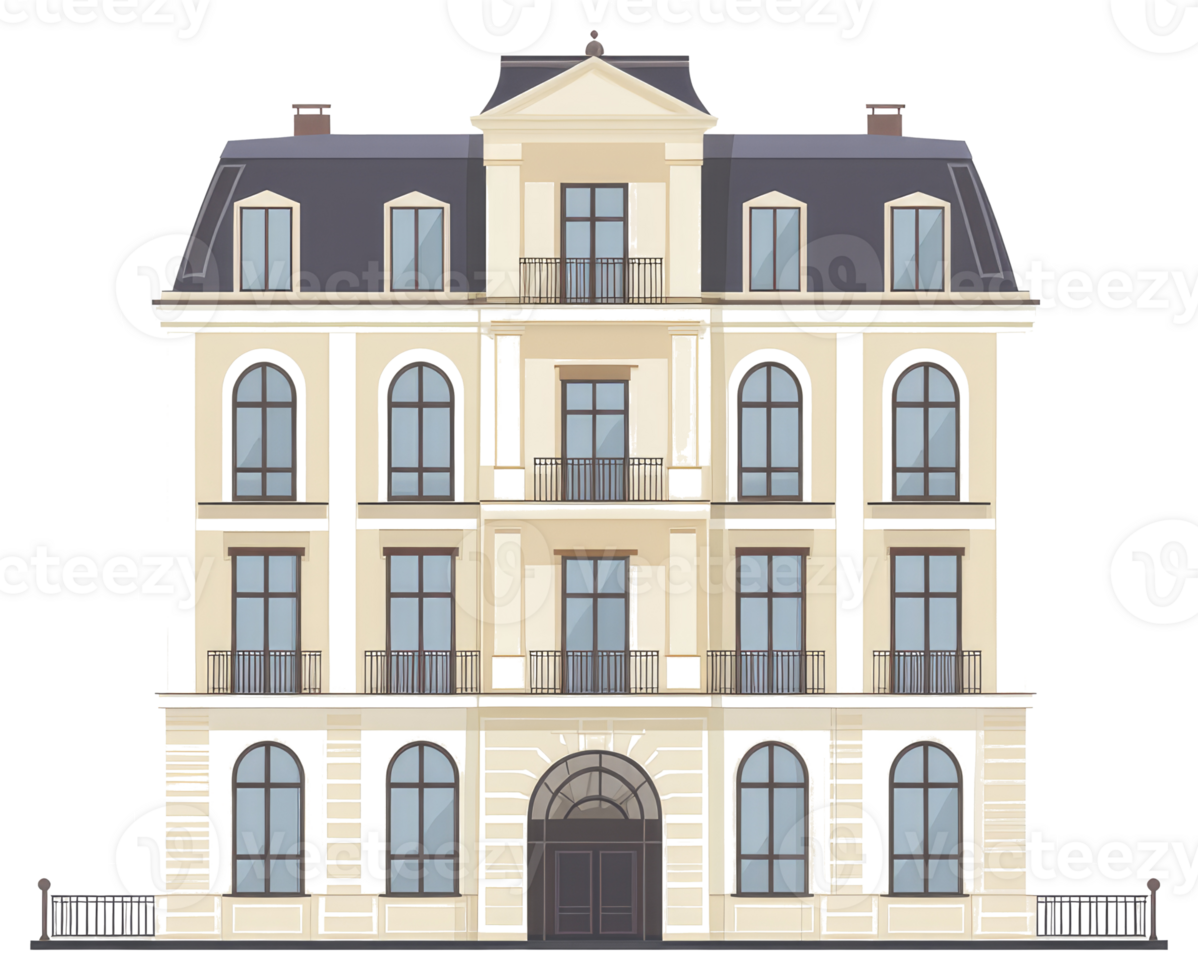 A detailed illustration of an elegant multi story building facade png