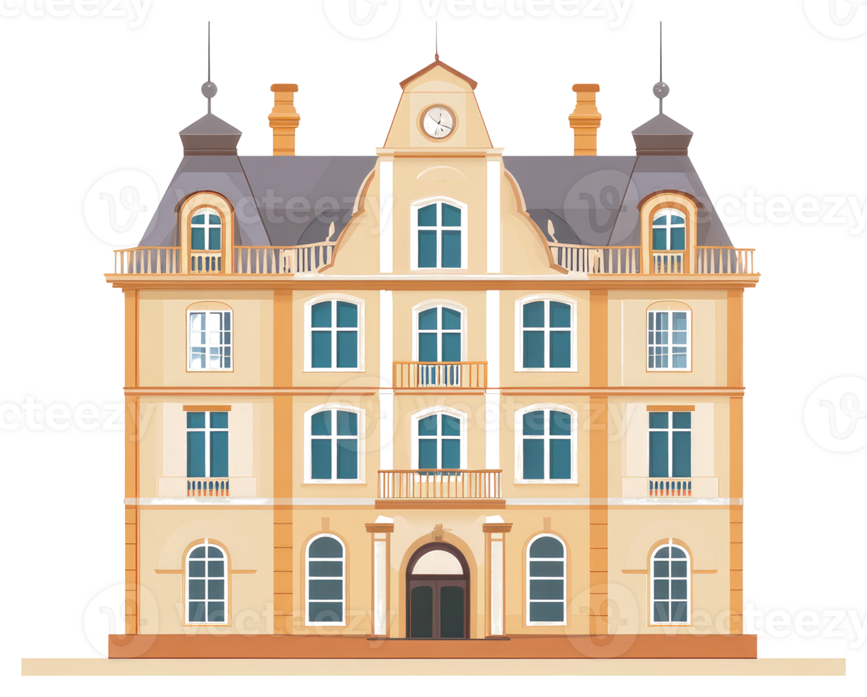 Elegant European style building featuring a decorative facade and clock png