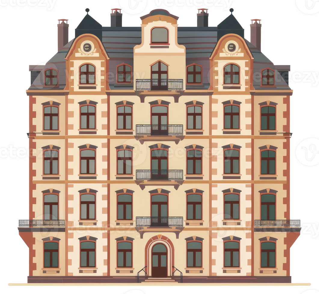 A detailed cartoon depiction of a grand multi story building facade png