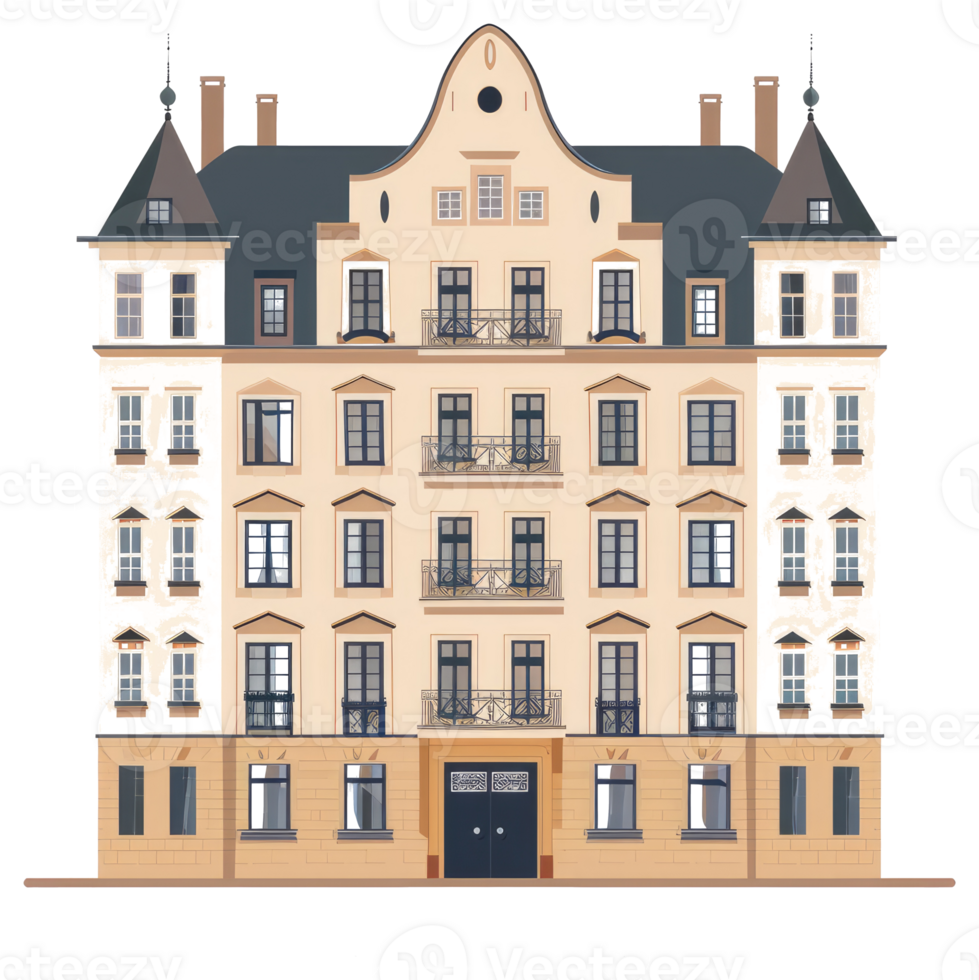 An elegant multistory building with many windows and balconies displayed png