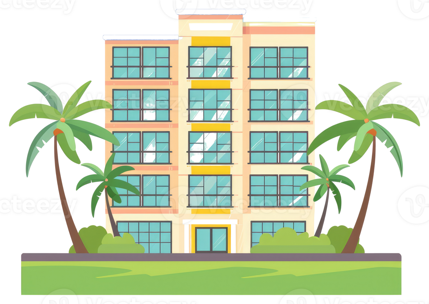 Tropical Apartment Building Surrounded by Palm Trees and Greenery png