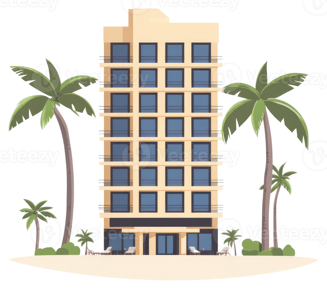 A tall cartoon hotel building with palm trees on a beach png