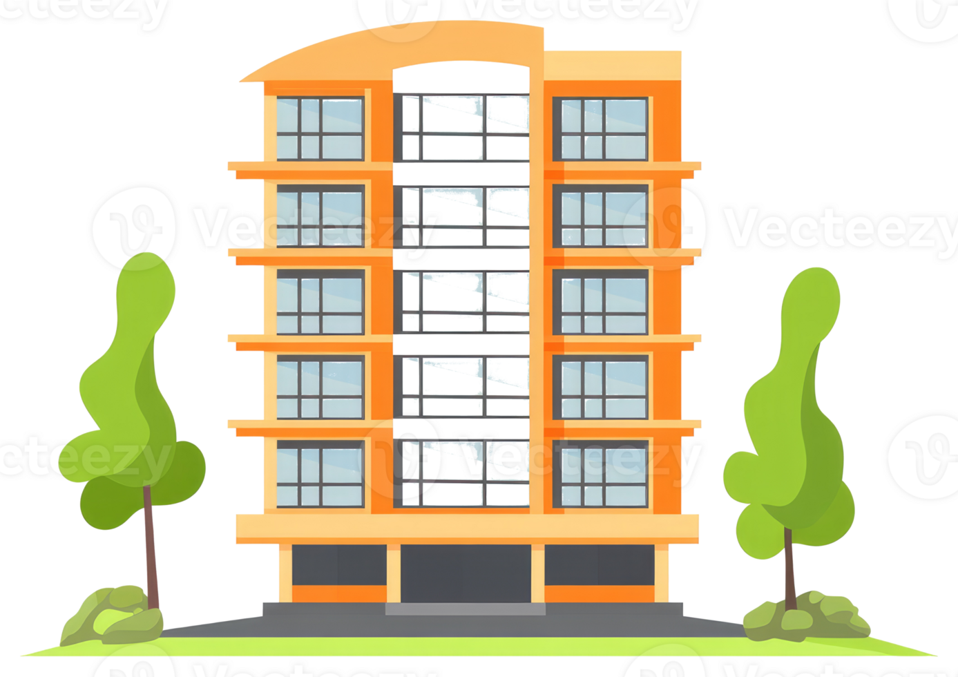 A bright orange apartment building with some green decorative trees png