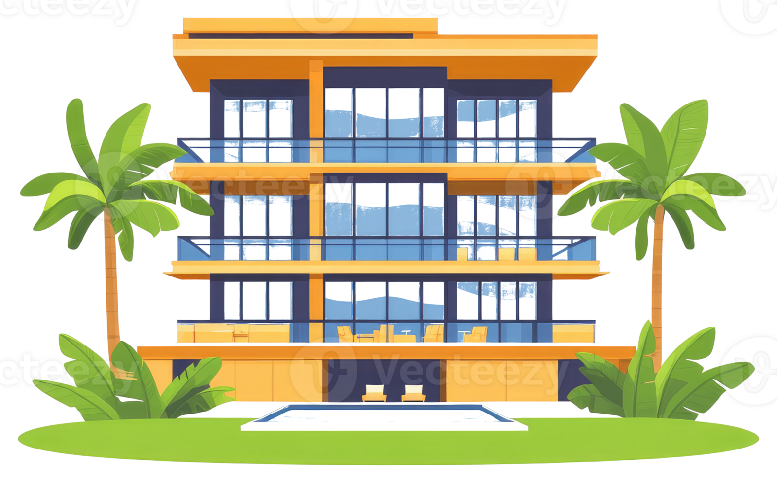 A modern three story coastal home with palm trees and a pool png