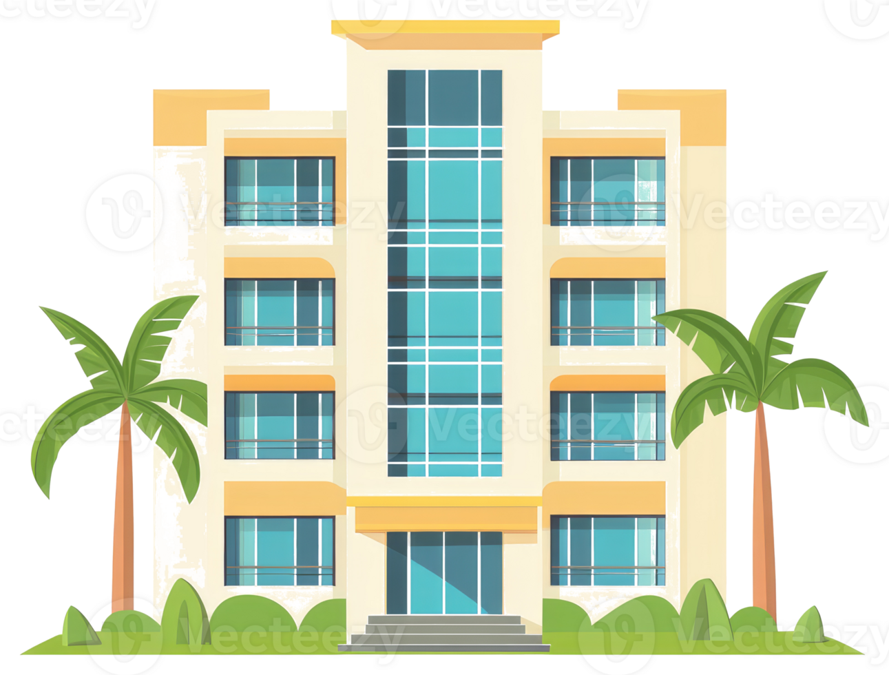 Cartoon illustration of a building with multiple floors and palm trees png