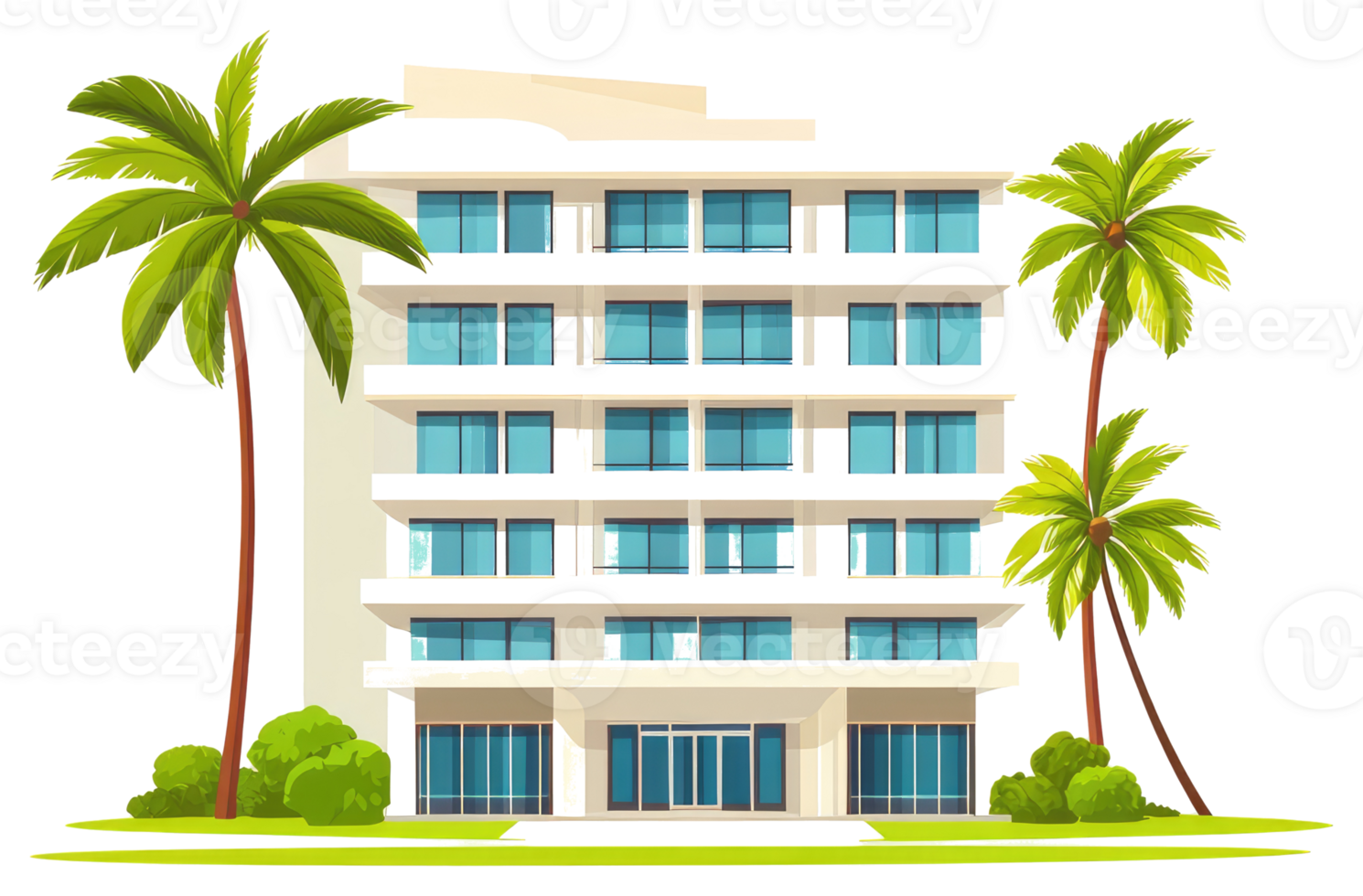 A modern white building surrounded by palm trees and landscaping png
