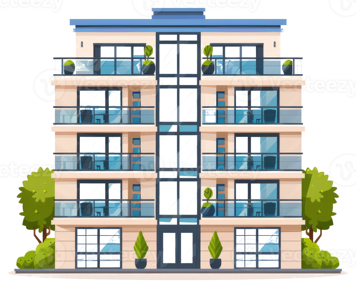 Modern residential apartment building with glass windows and balconies is depicted png