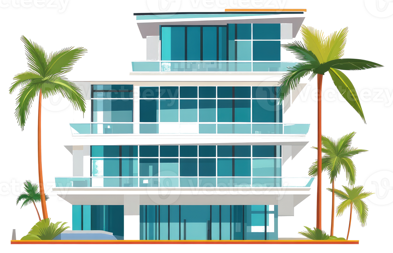 Modern luxury beachfront building with tall green palm trees png