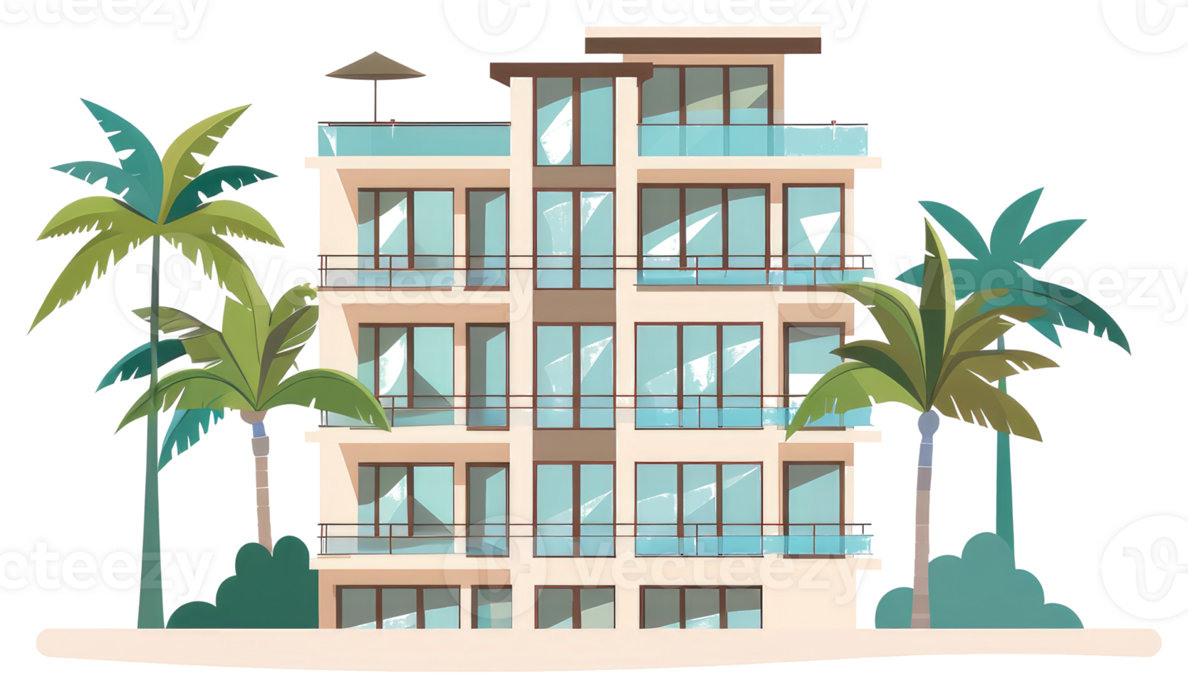 A modern apartment building surrounded by several palm trees in cartoon style png