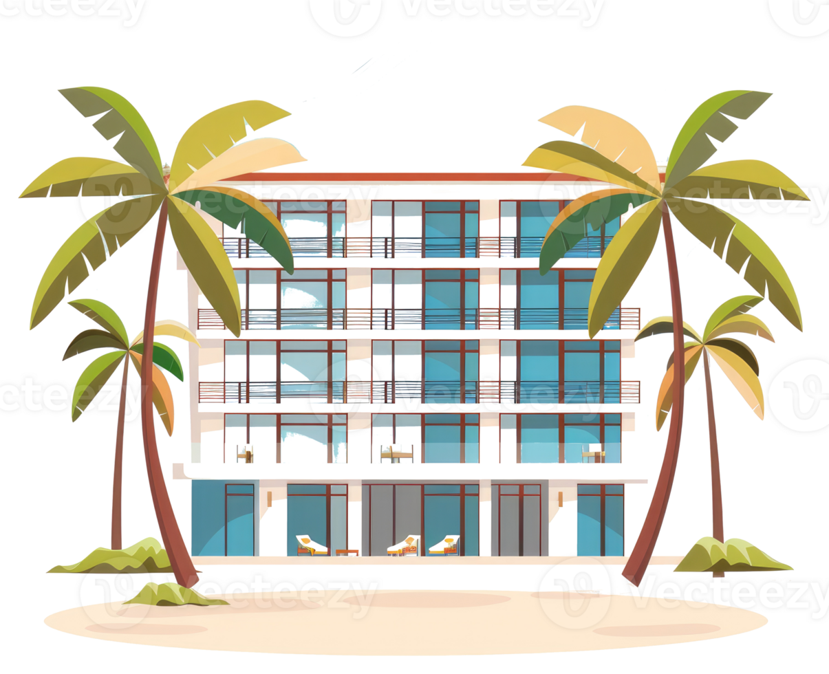 A stylized illustration featuring a beachfront resort building and palms png