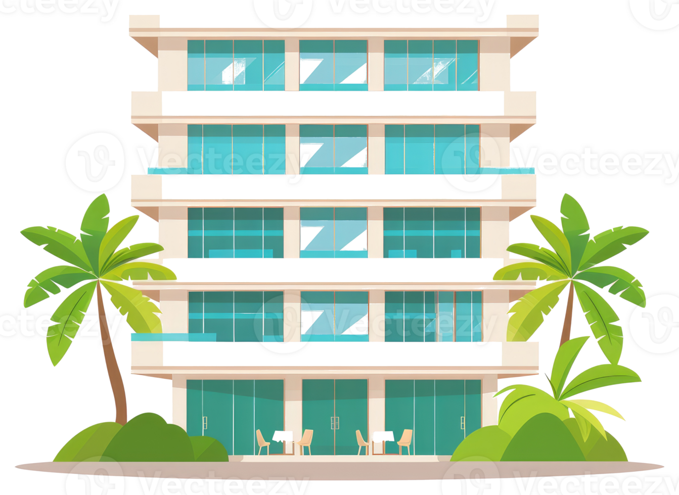 A tall modern building with balconies and palm trees png