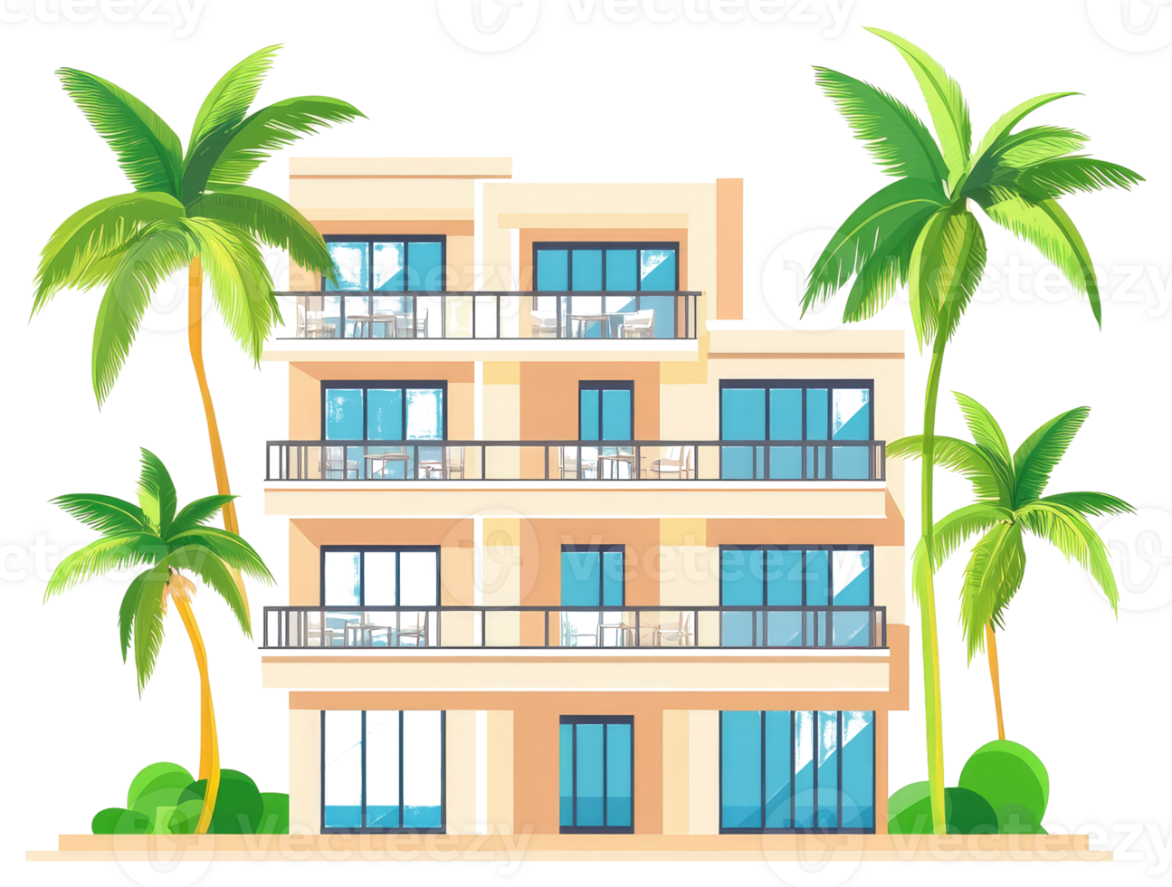 A cartoon depiction of a tropical building with palm trees png