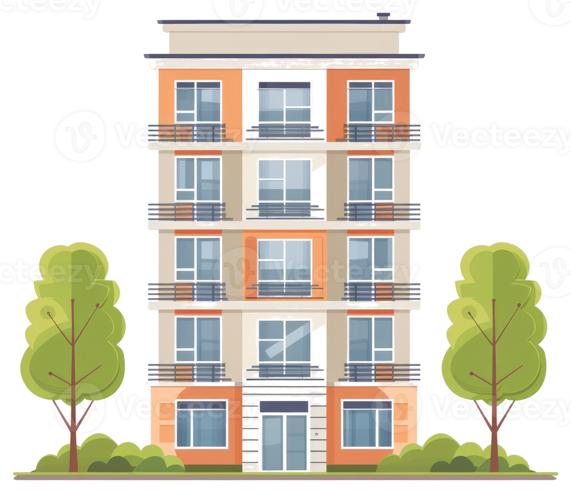 An apartment building with trees and bushes is depicted in this image png