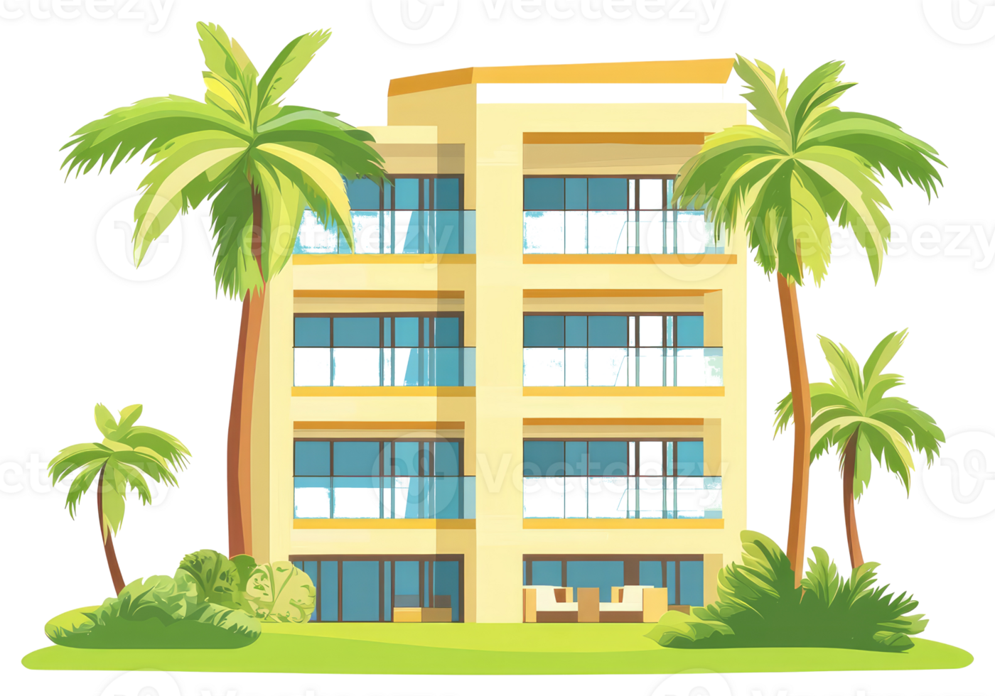 Tropical beachside apartment building surrounded by lush green palm trees png