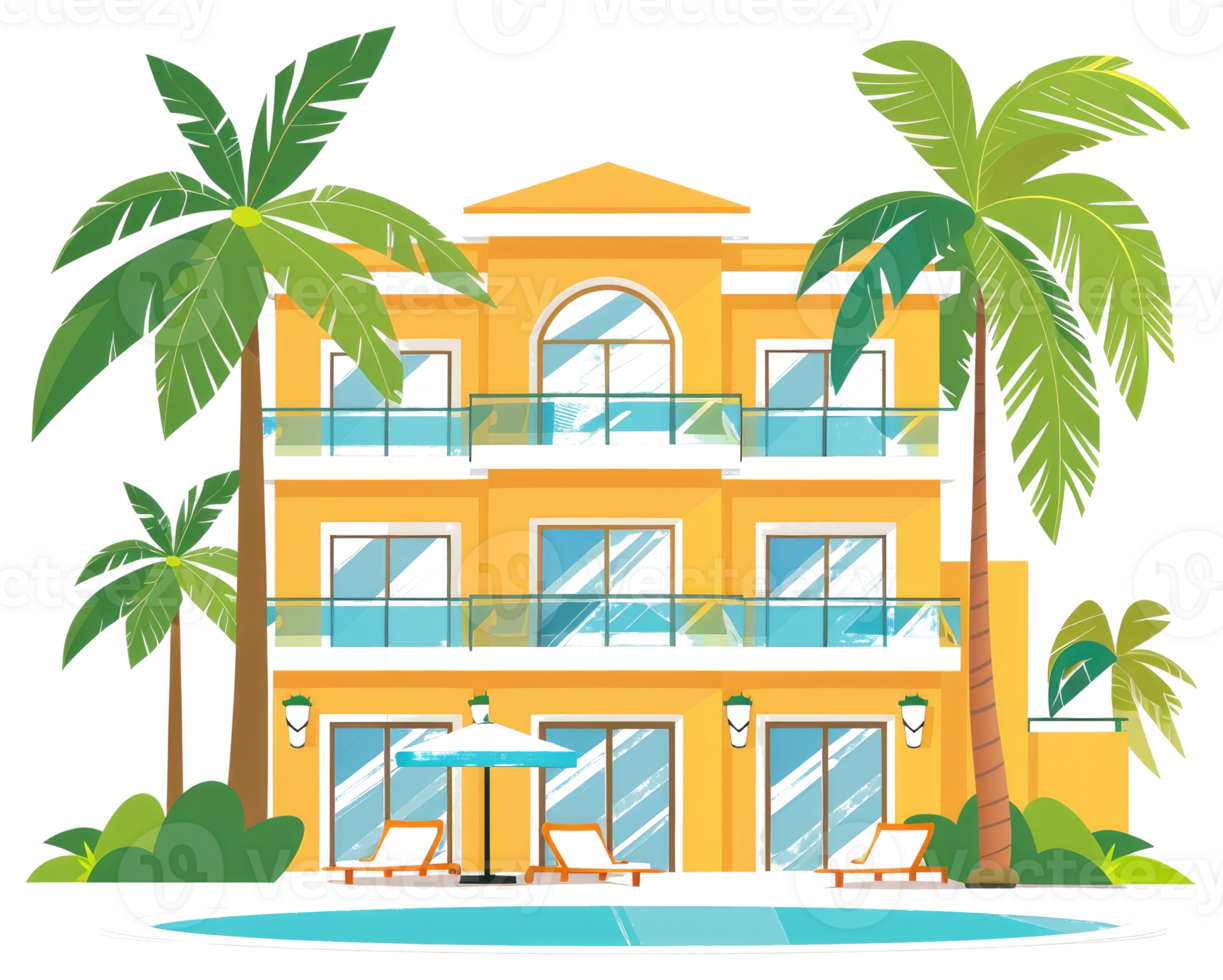 A tropical resort building with a pool and palm trees png