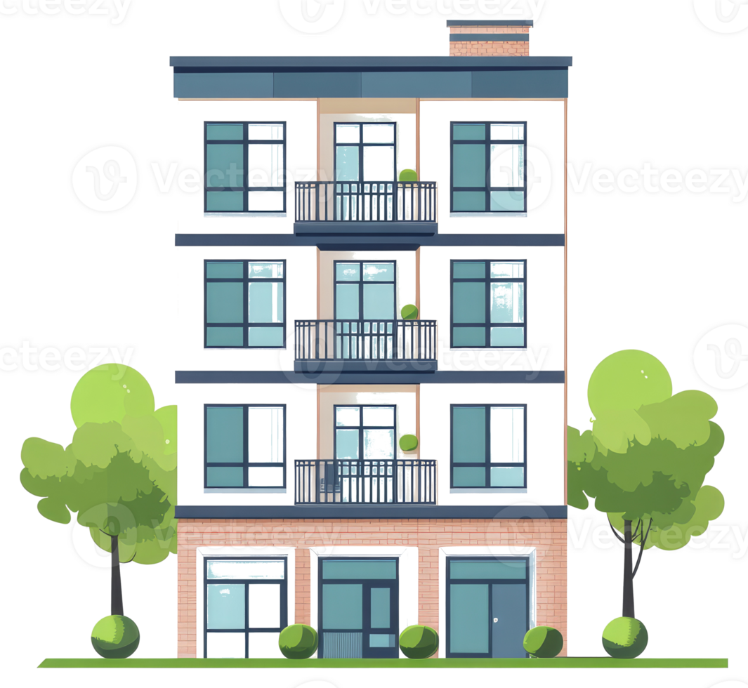 A modern apartment building with balconies and surrounding trees png