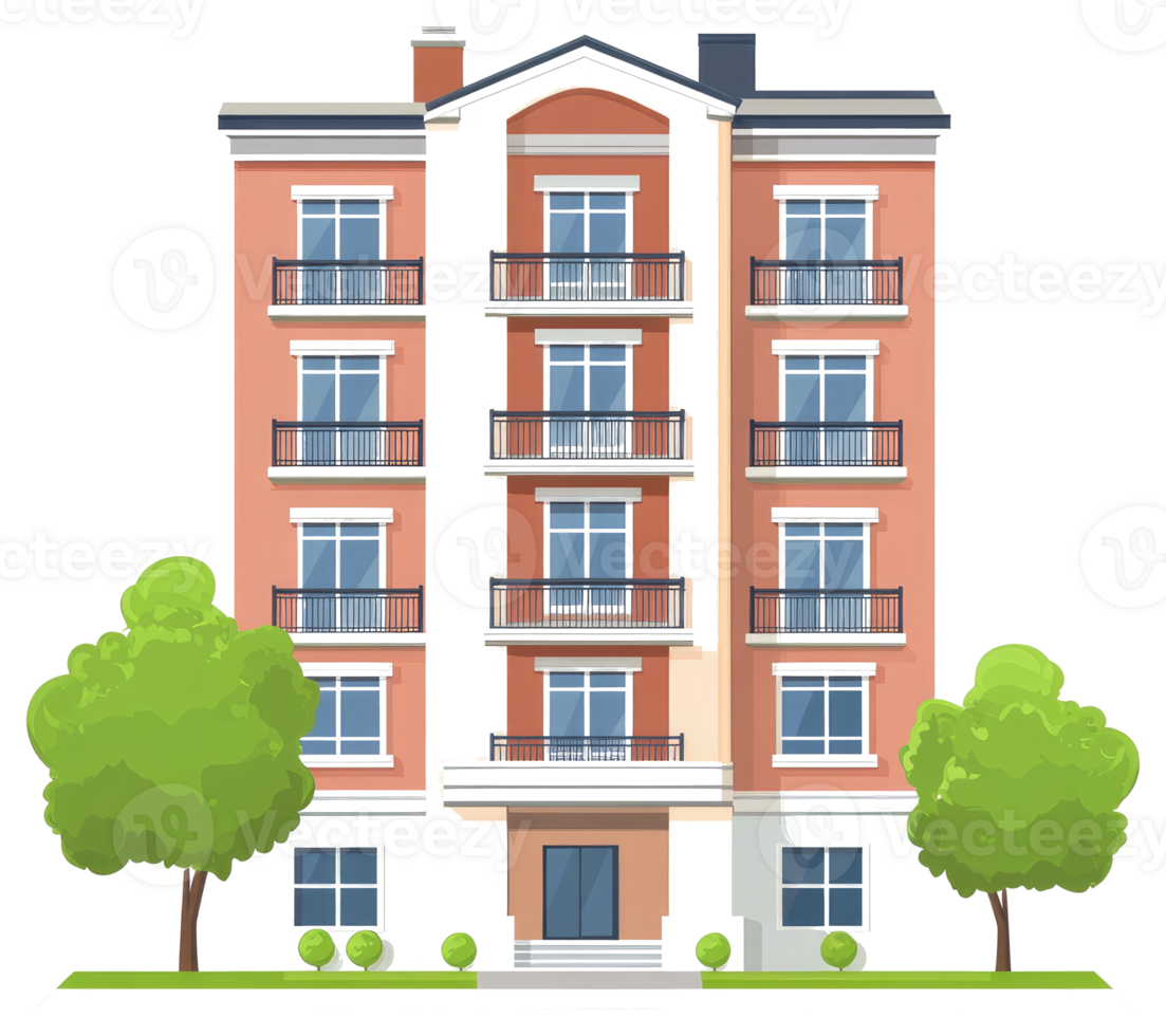 A large cartoon building with multiple balconies and windows png