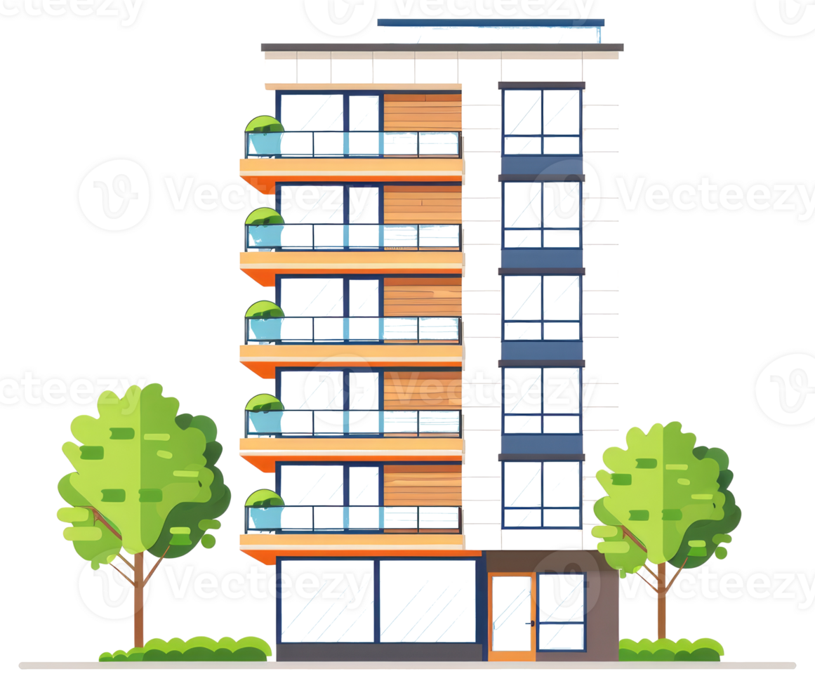 Modern apartment building featuring balconies and windows with surrounding trees png