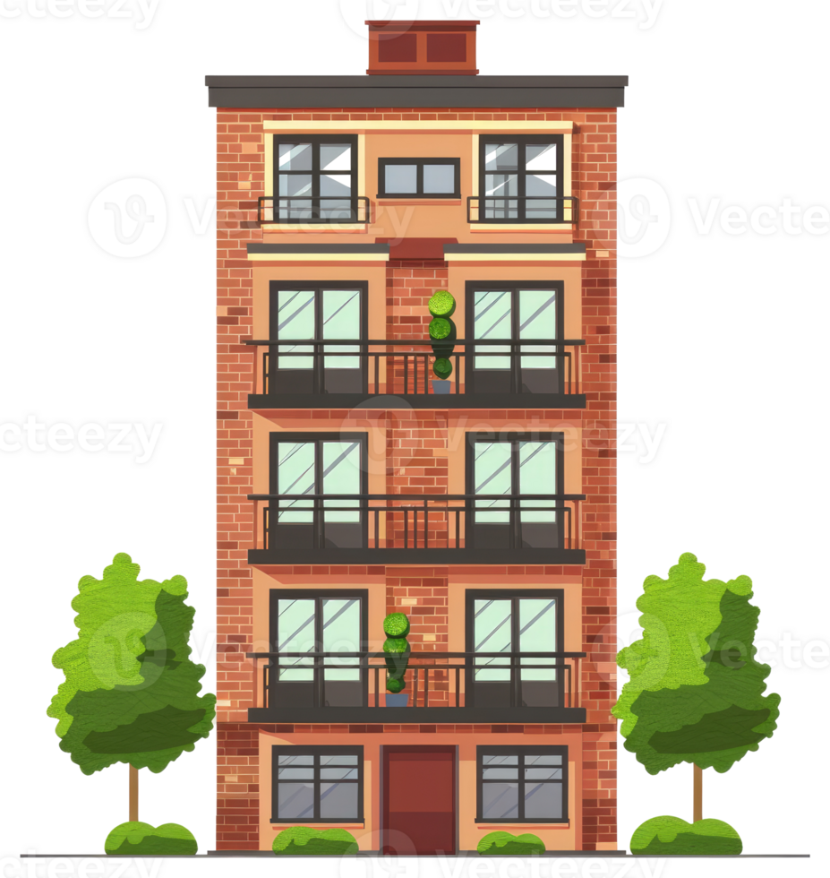 A tall cartoon apartment building with multiple balconies and trees png