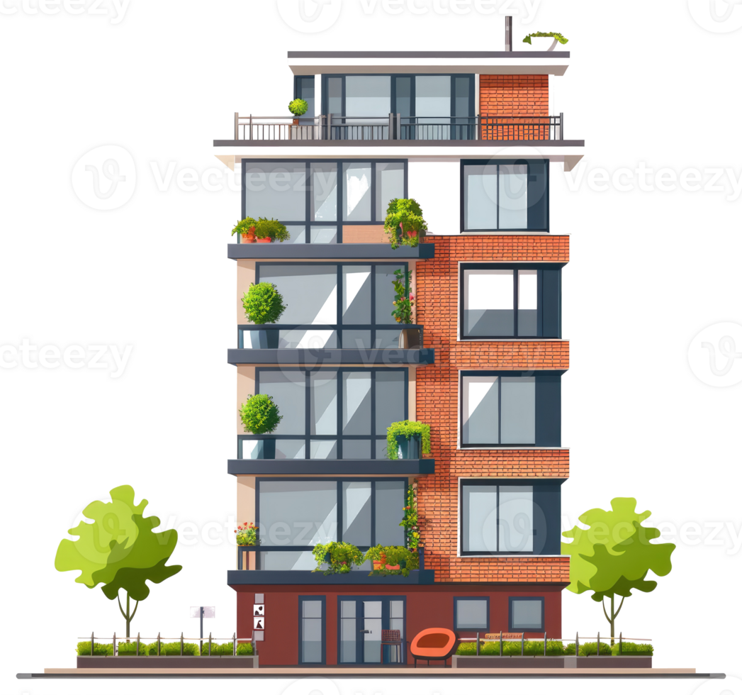 An illustrated apartment building with multiple stories and green plants png