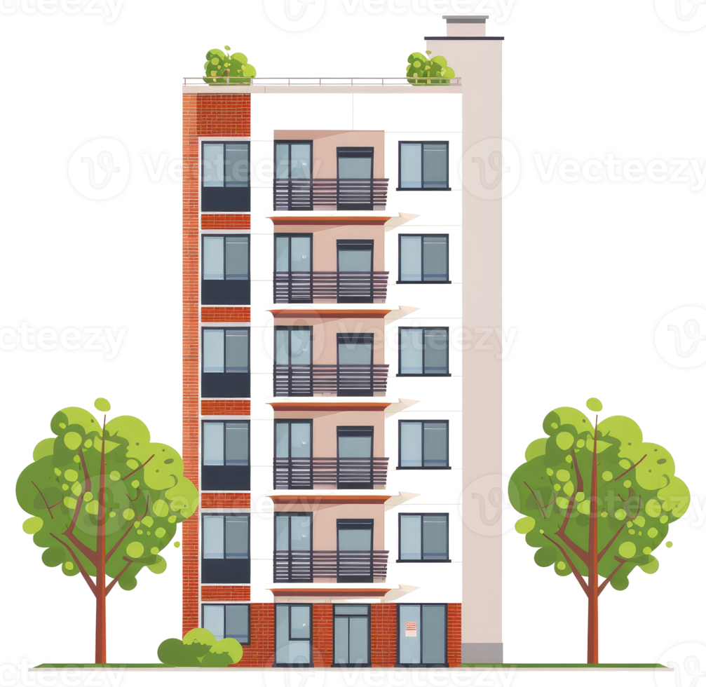 A tall modern apartment building with trees stands prominently in front png