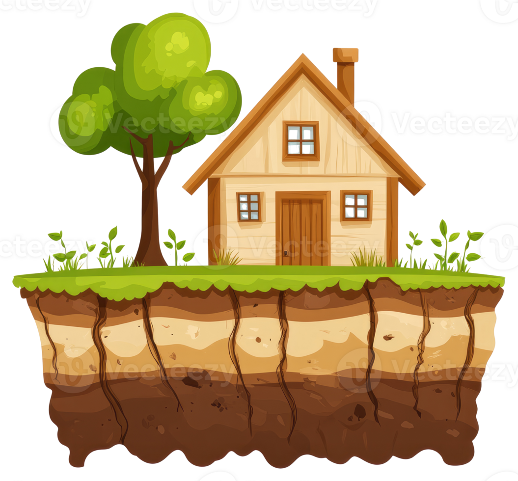 A small wooden house with a tree sitting on green land png