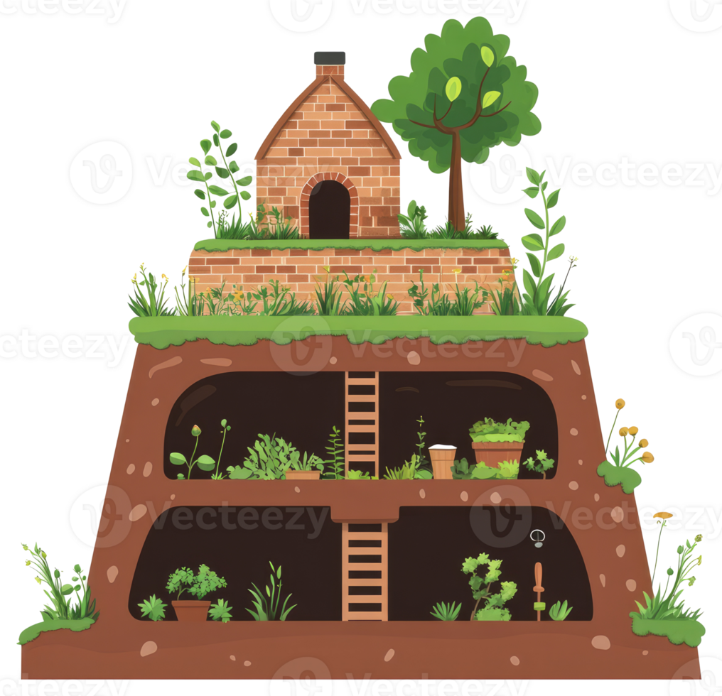 A whimsical illustration depicts a house built into an earth hill png