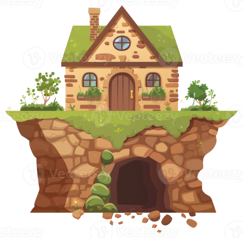 A quaint stone cottage sits above a cave on a hillside png