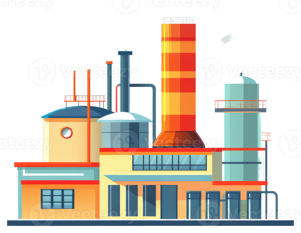 An illustrated industrial factory showing various building components and structures png