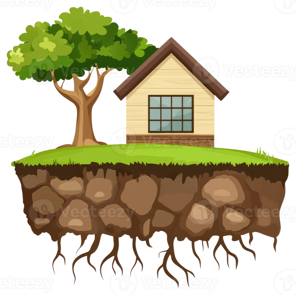 Cartoon illustration of a house with a tree on an island png