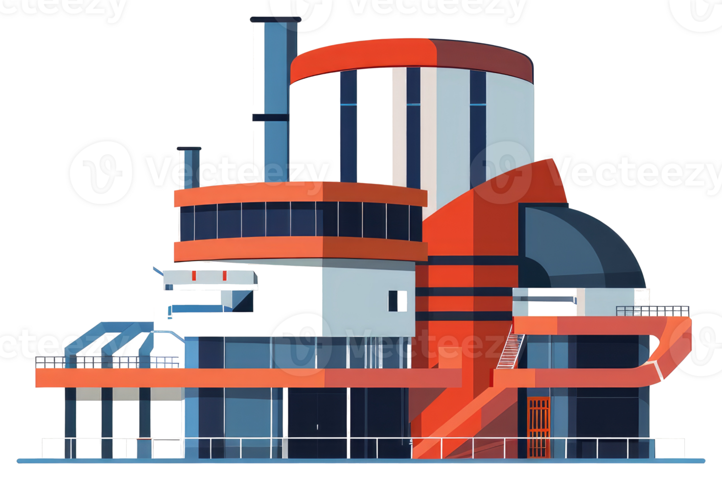 An illustrated modern industrial building with complex architectural design png