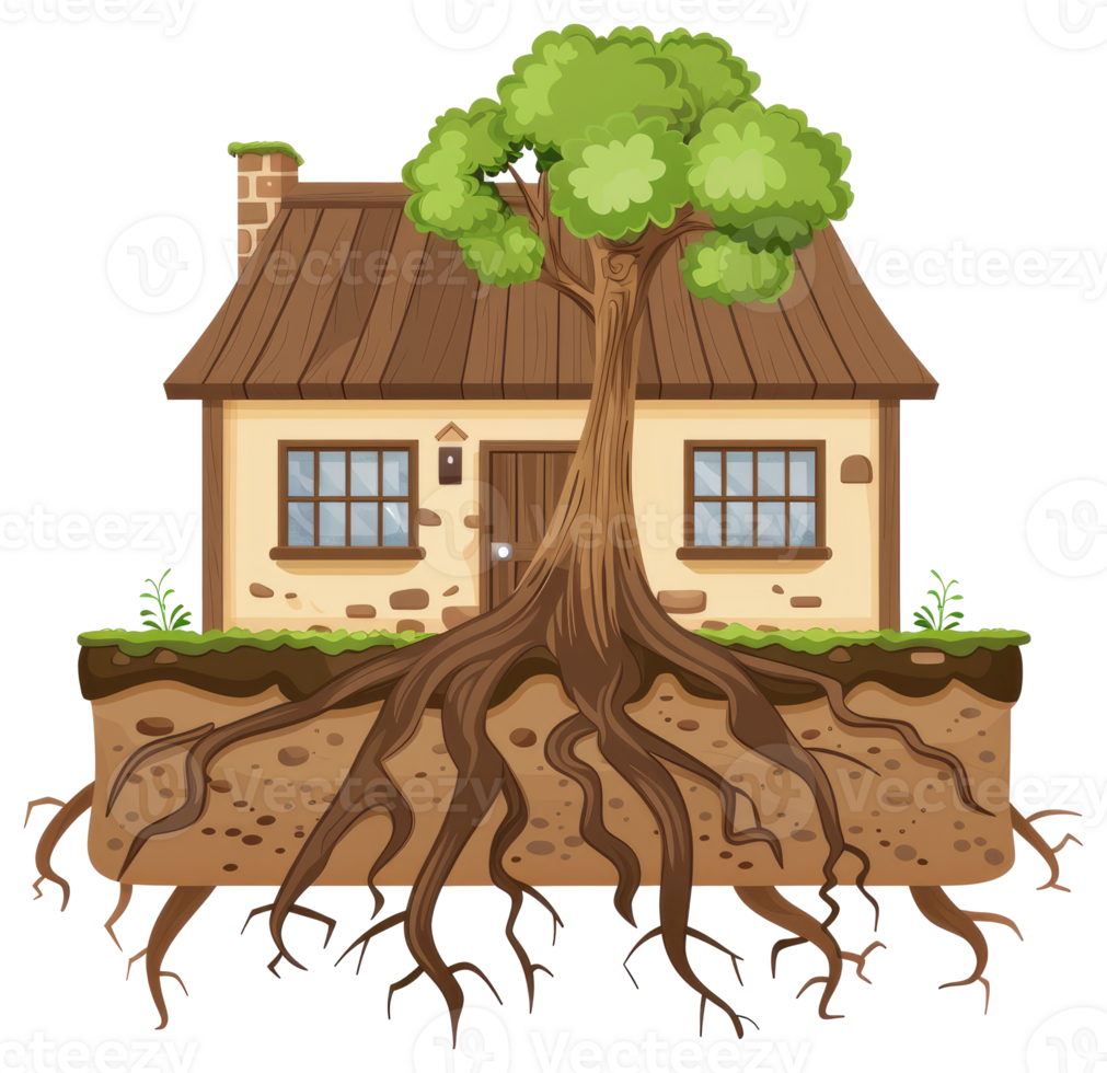 A house with a tree growing directly through its structure png