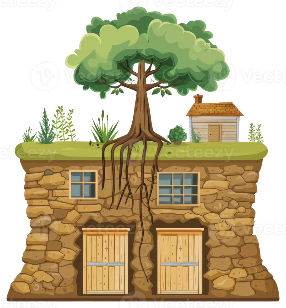 A cross section illustration of a building merged with a tree png