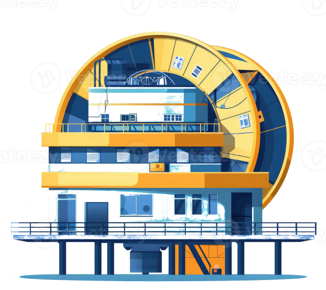 An illustration of a stylized building with a circular structure png
