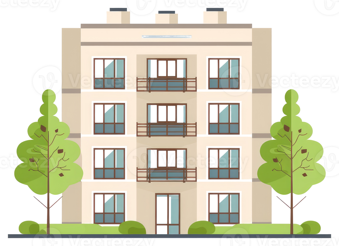 A simple illustration depicts an apartment building with trees png