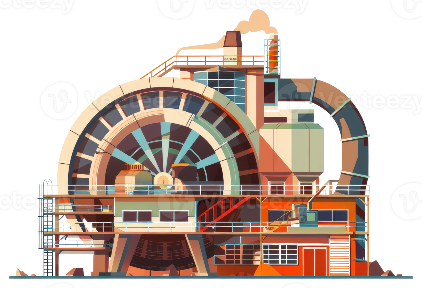 An industrial stylized illustration depicting a factory and its components png