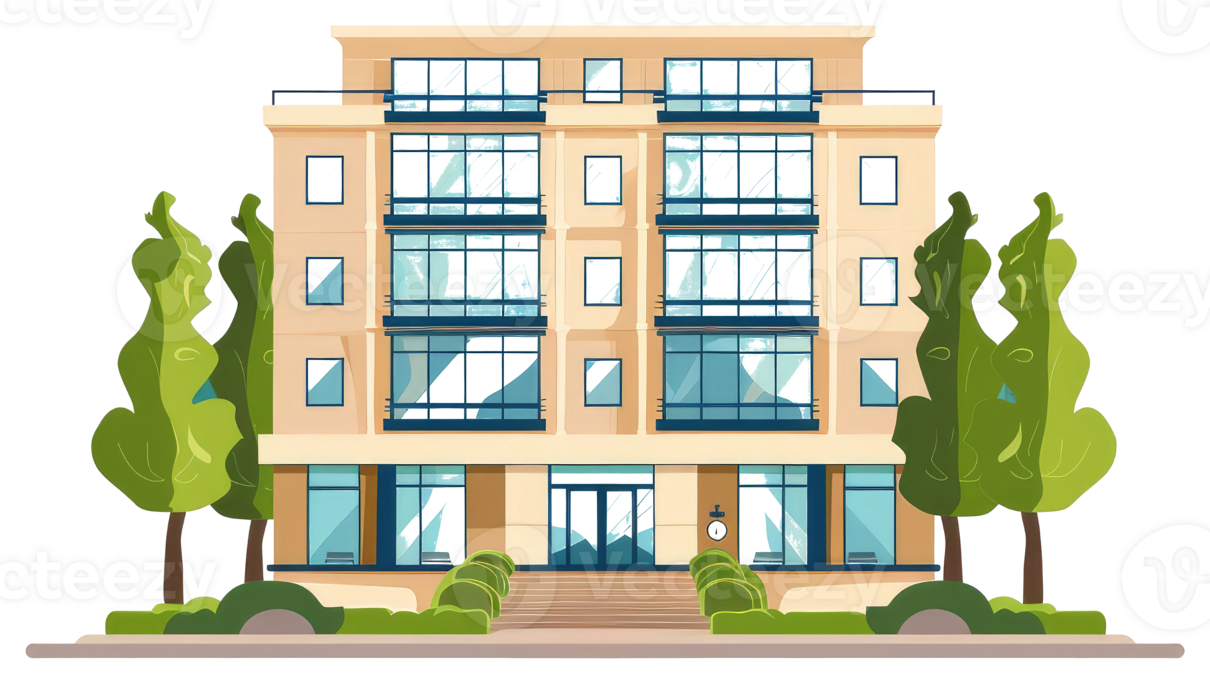 A cartoon illustration of a modern apartment building surrounded by trees png