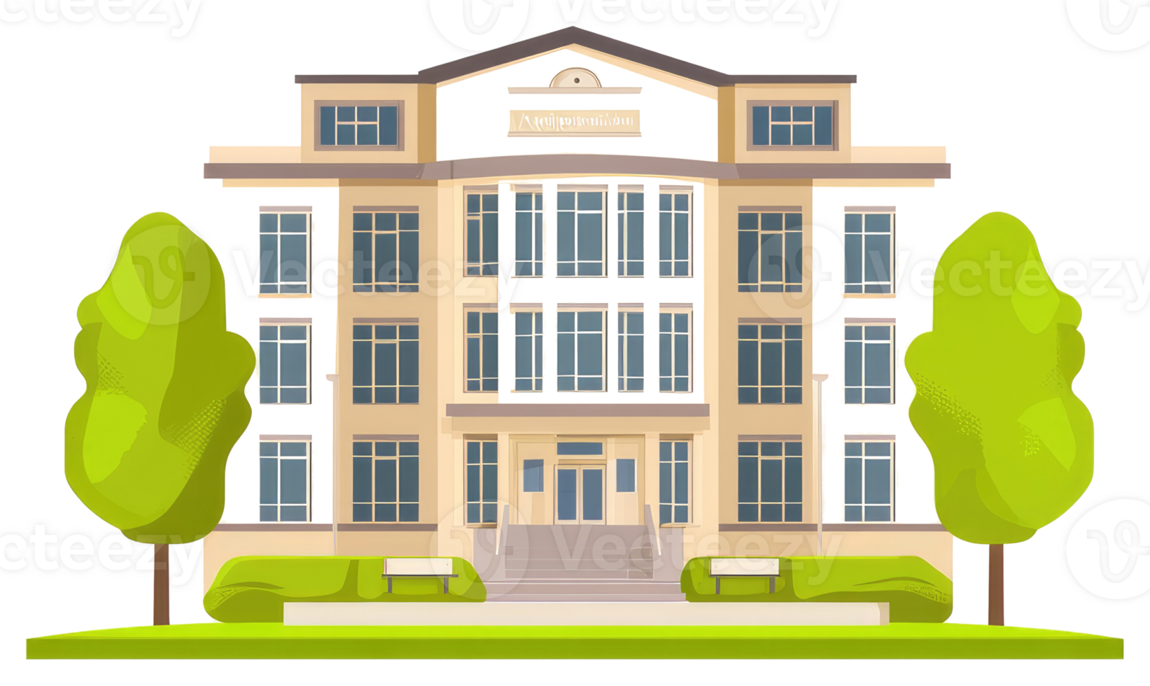A cartoon illustration featuring a large building with trees and landscaping png