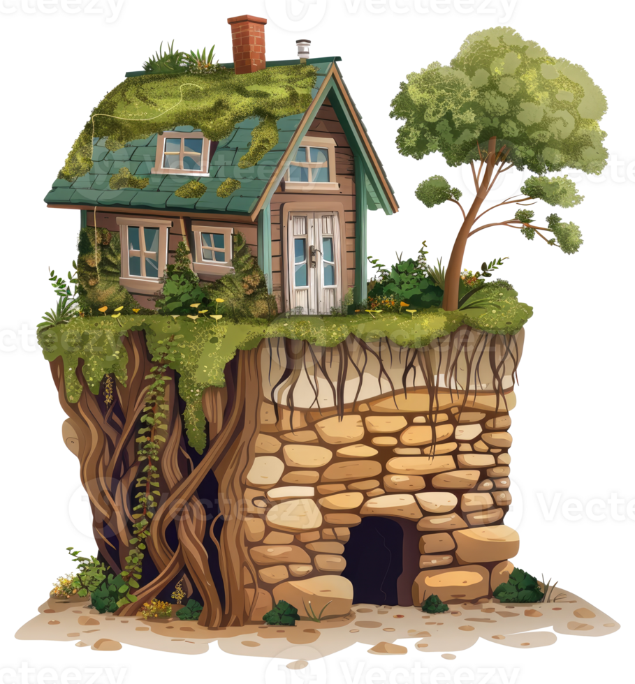 A whimsical cartoon illustration showing a house built on rocks png