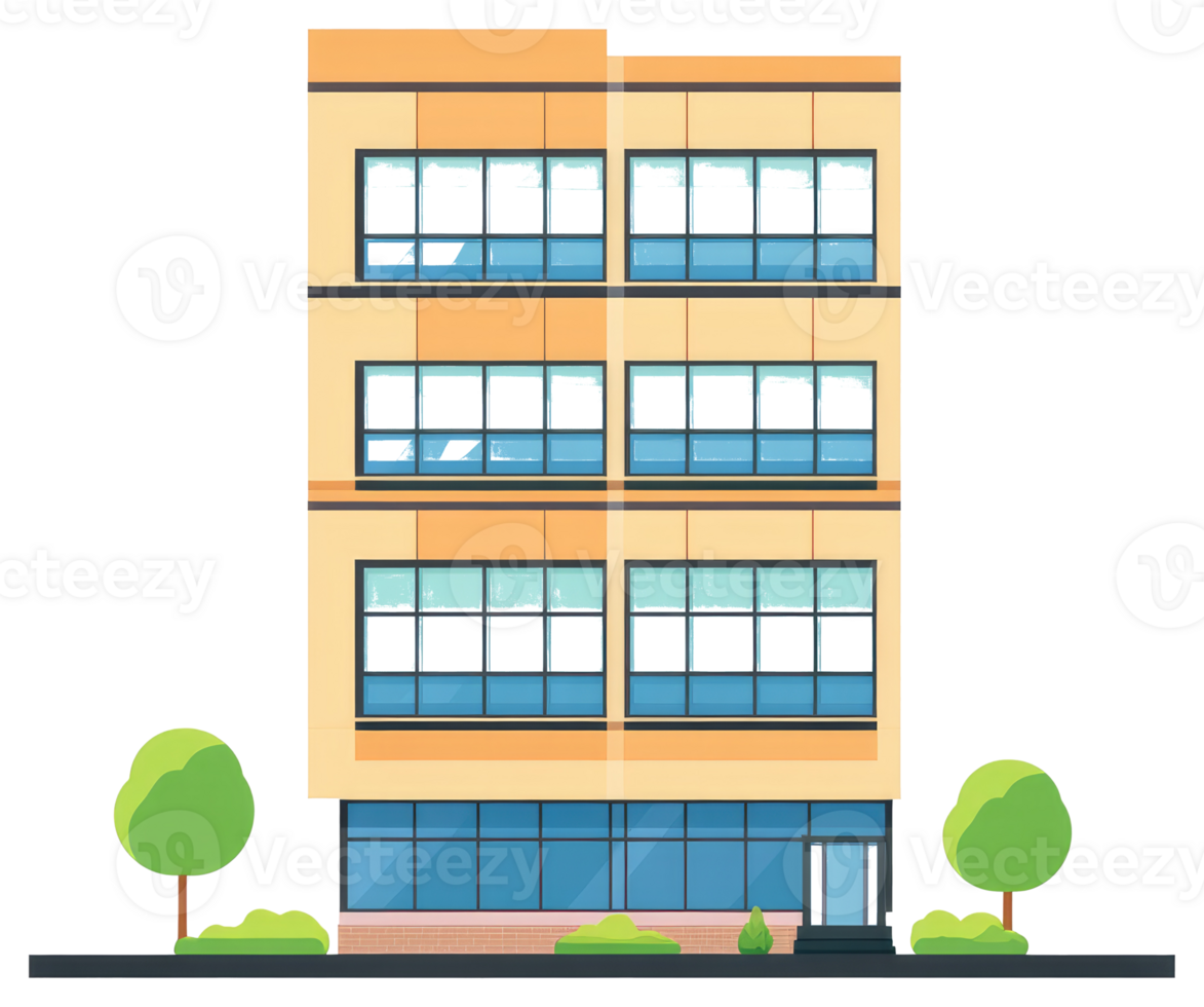 A modern four story office building with large windows and trees png