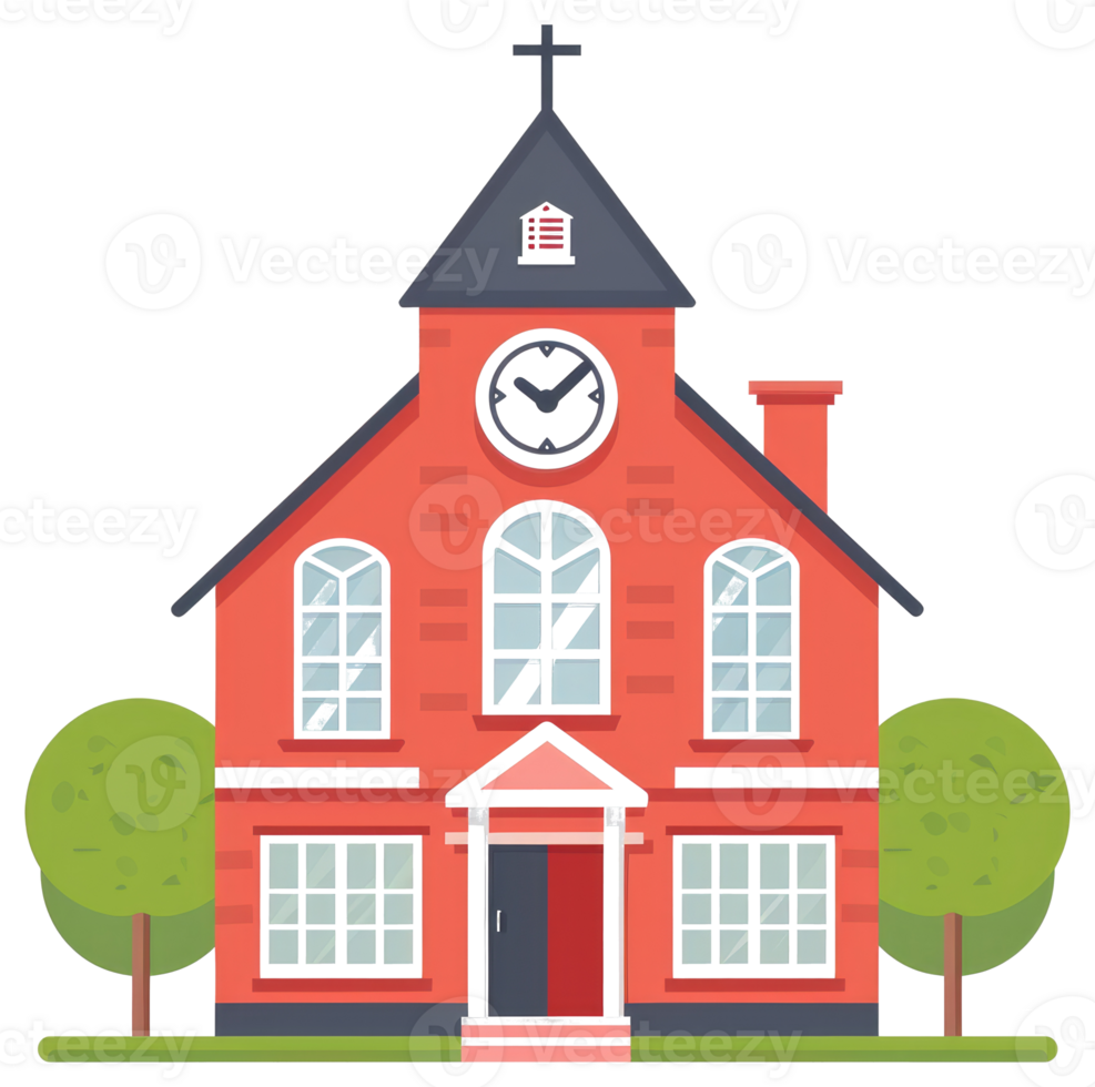 An illustrated red church building with a clock and trees png
