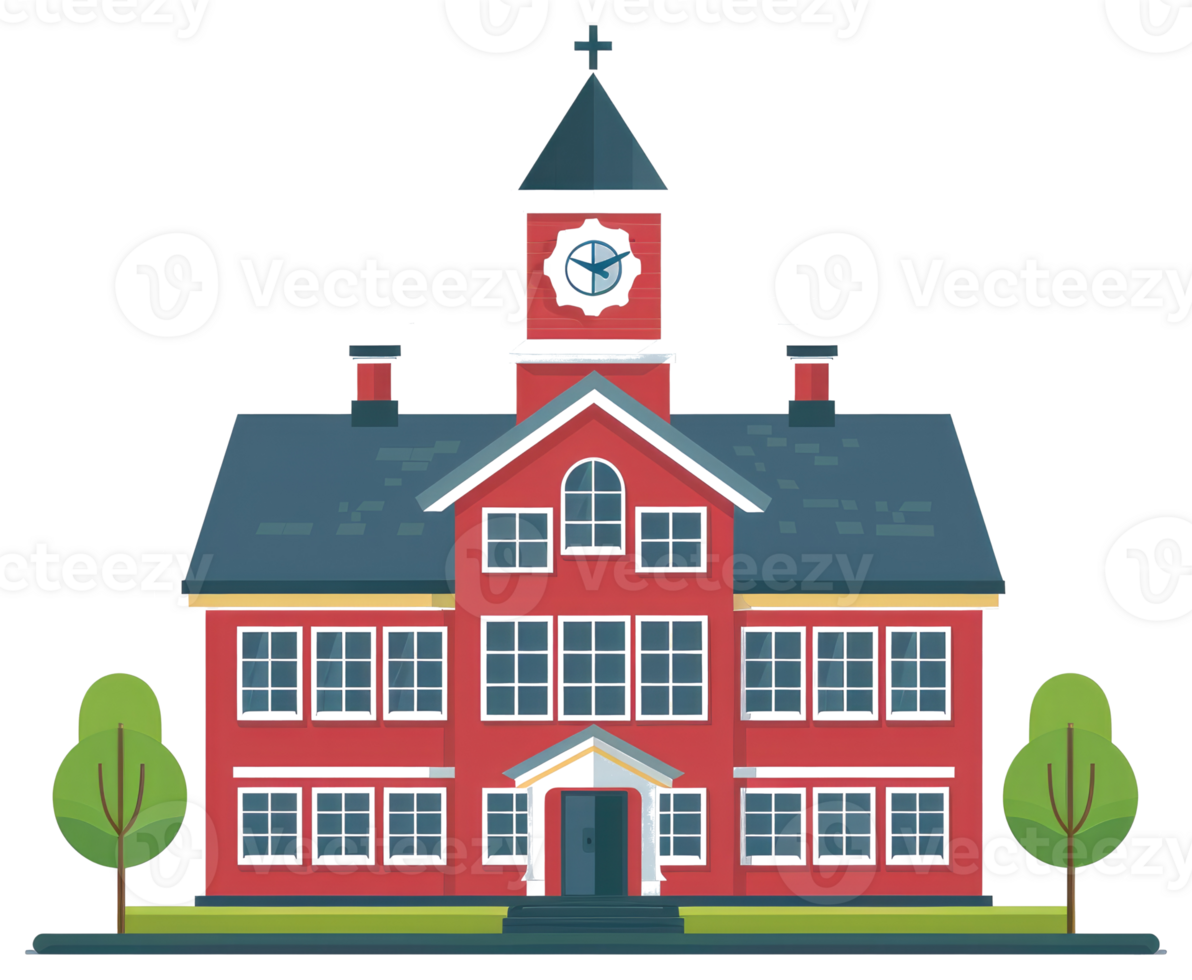 A cartoon illustration of a red brick building with trees png