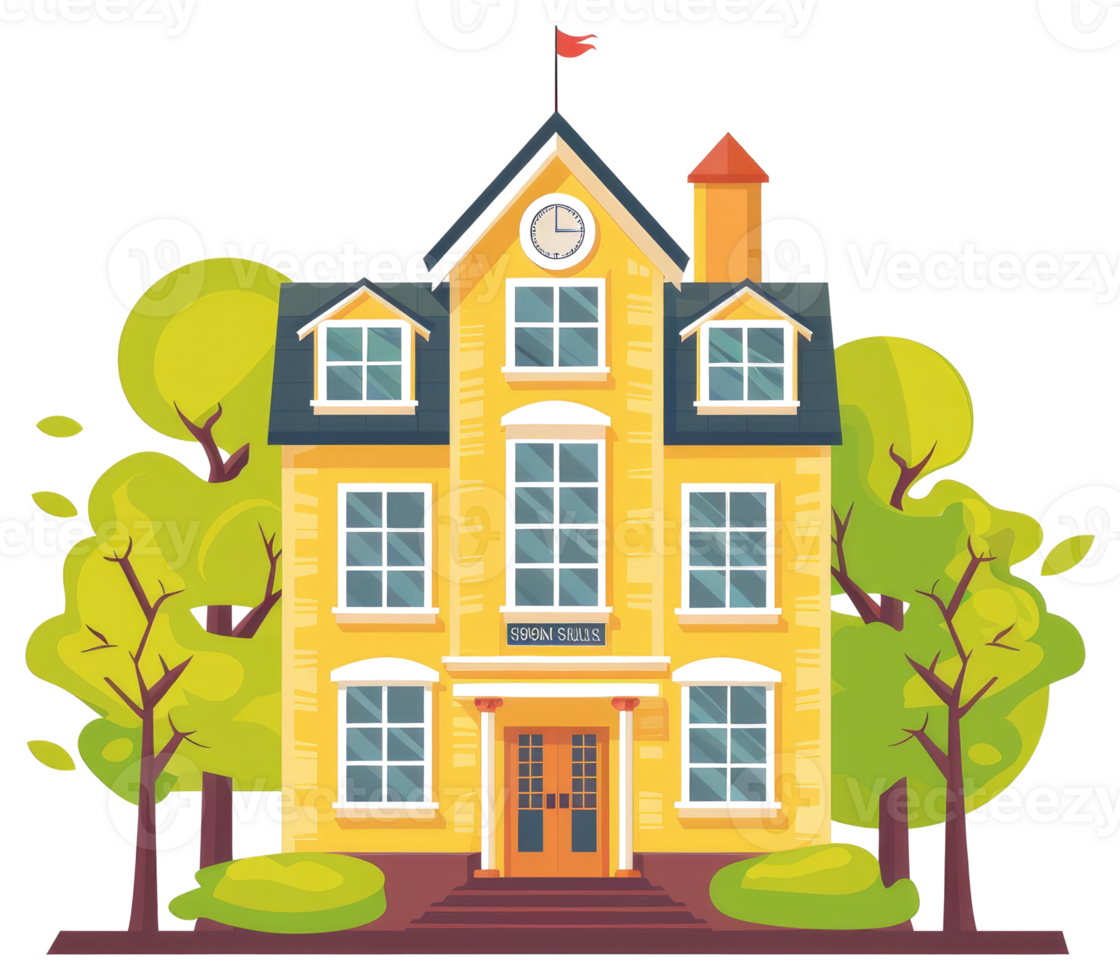 Illustration showing a bright yellow school building with trees and a clock png