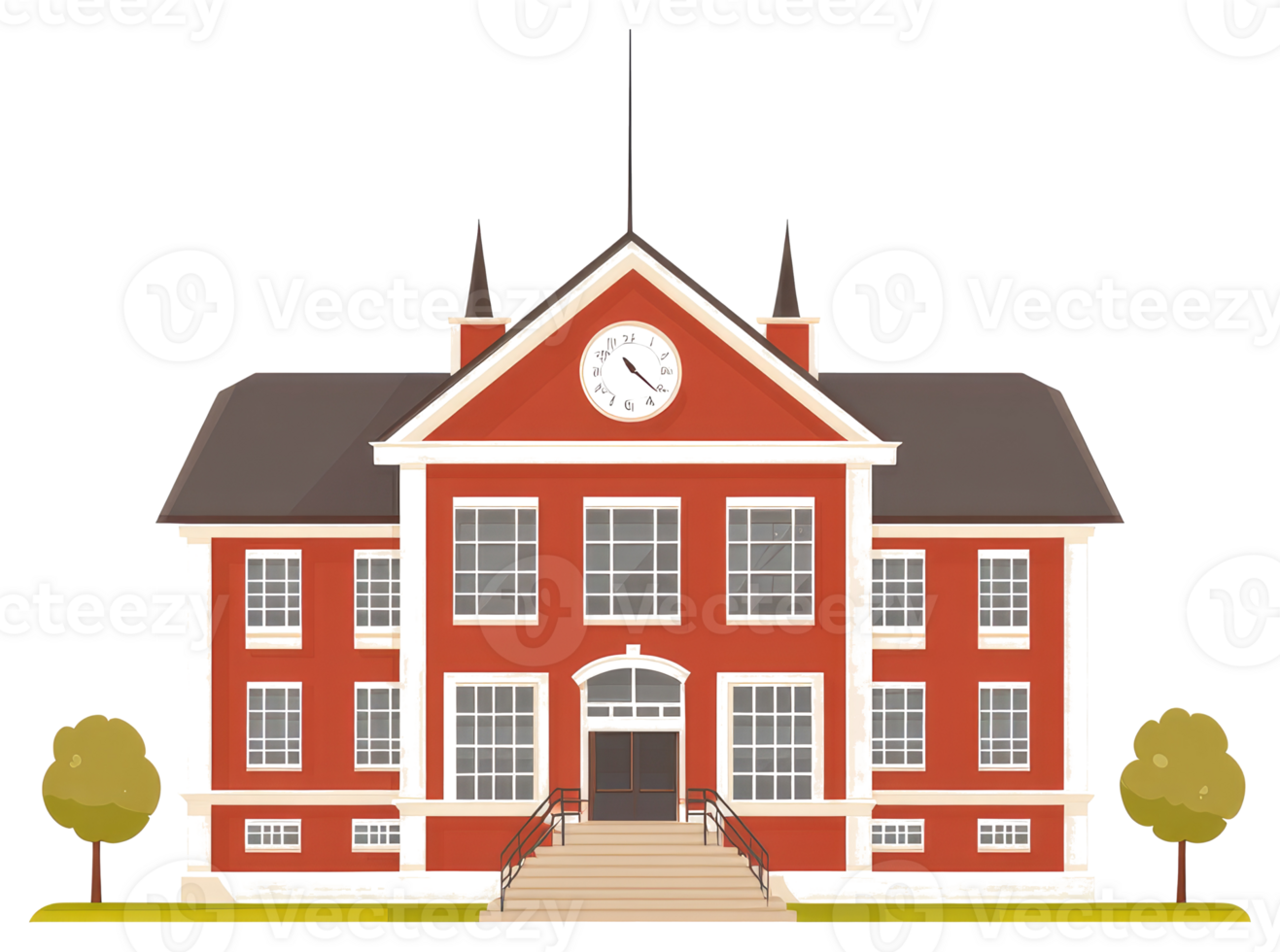 An illustration depicts a red brick school building with a clock png