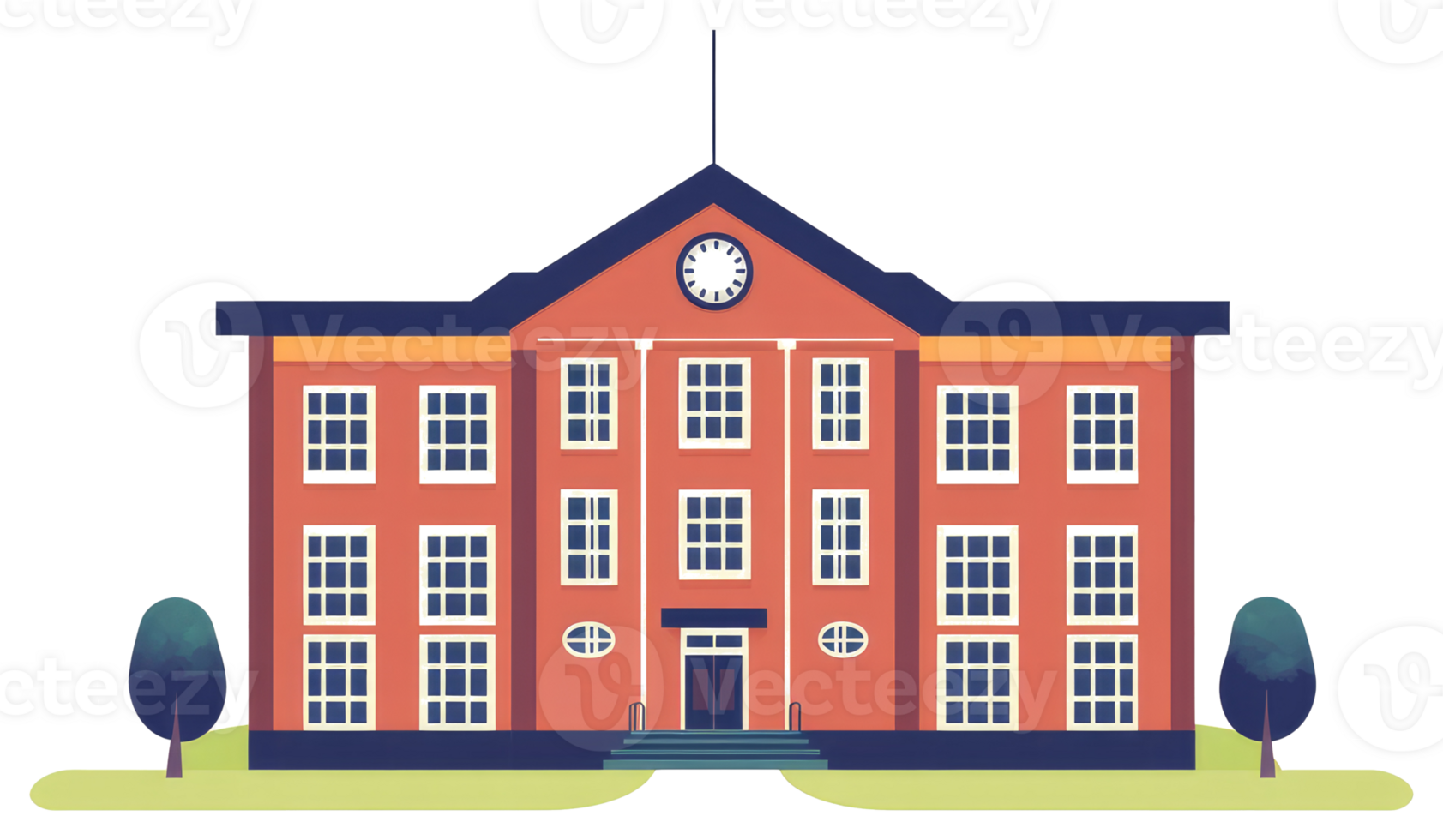 Illustration depicts a large red building with a clock on its facade png