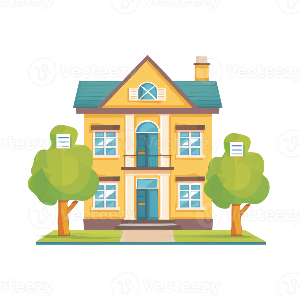 Colorful illustration of a residential house with green trees and yard png