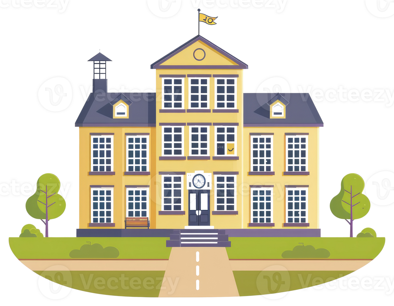 An illustrated three story building with a flag and clock png