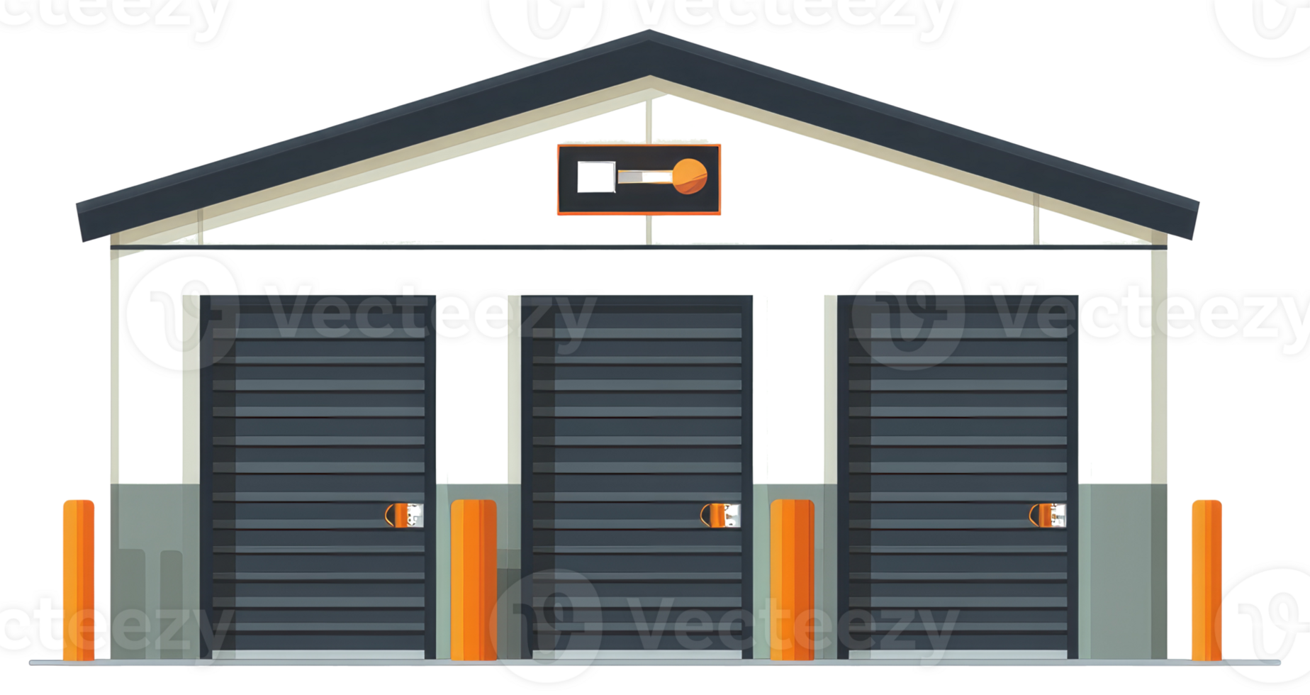 Illustration depicting a commercial building with three secure garage doors png