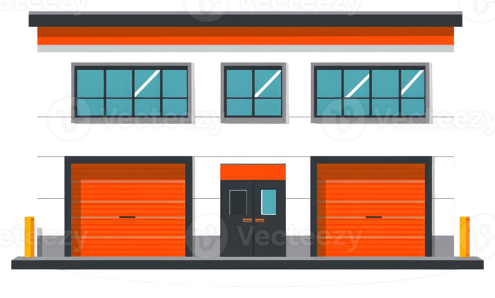 A modern industrial building with orange doors and windows png