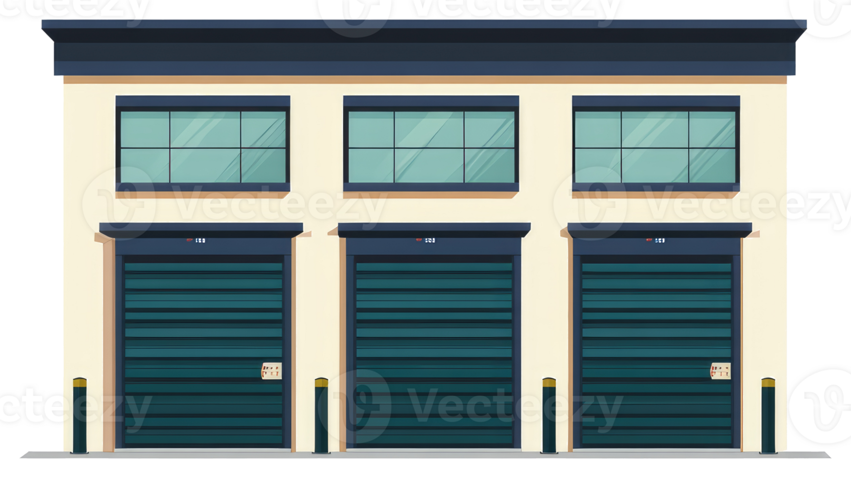 Exterior view of a building with three garage bays png